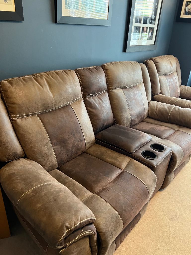Brown leather recliner sofa set