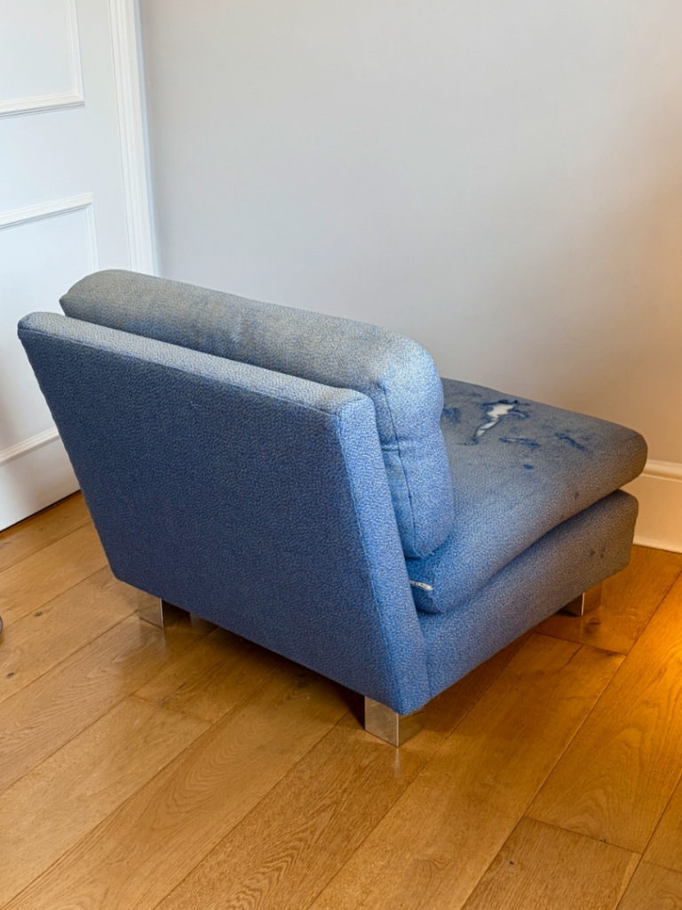 Blue Fabric Armless Chair with Metal Feet – Faded and worn, ripe for reupholstery
