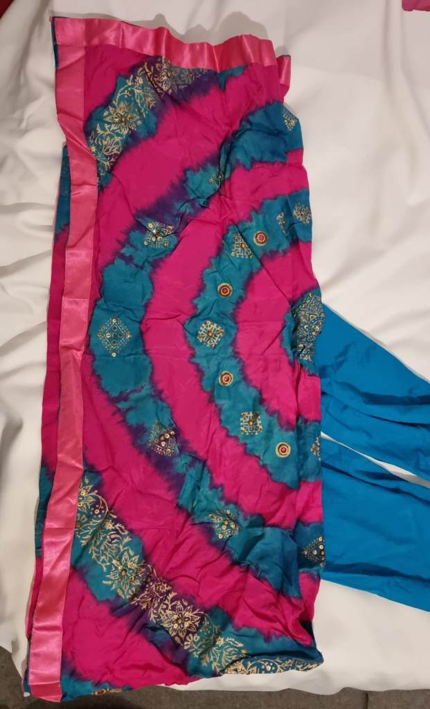New. Pink blue a line dress kameez with salwar and shawl scarf. Diamontes. Asian womens dress suit