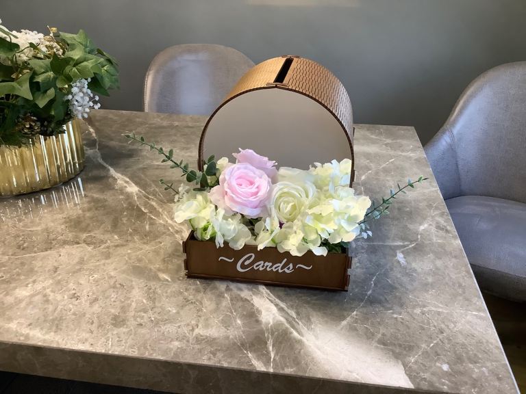 Decorative Wooden Card Box with Artificial Flowers