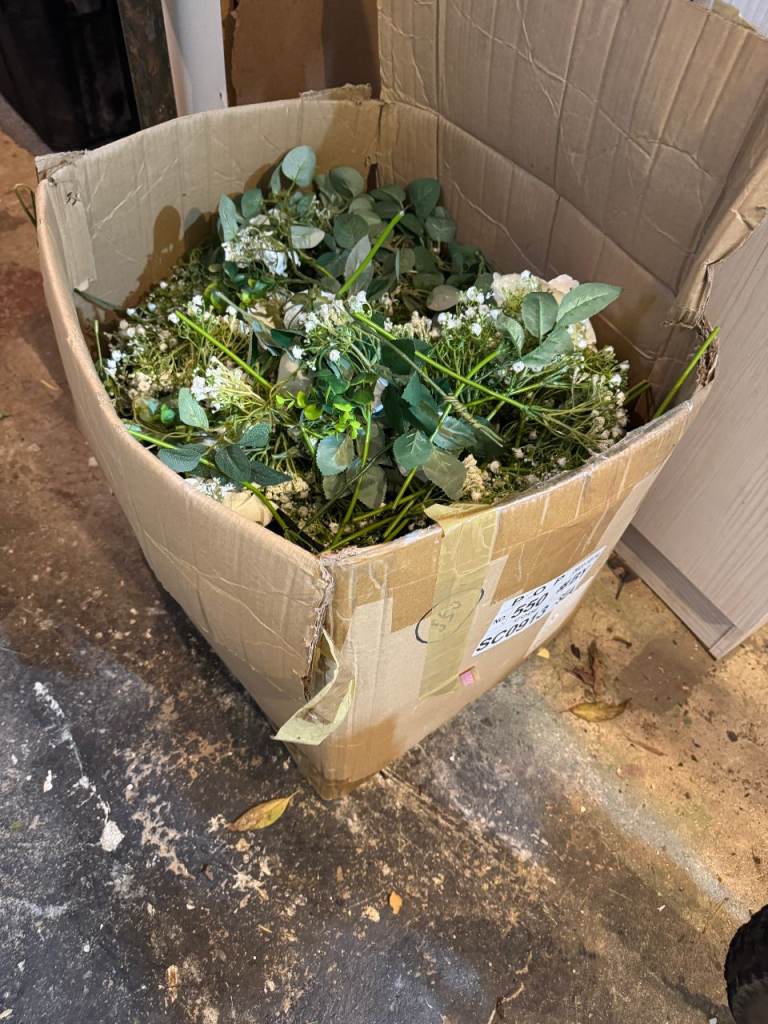 FREE TO COLLECT - A VERY LARGE BOX OF ARTIFICAL FLOWERS AND LEAVES LEFT OVER FROM OUR WEDDING 