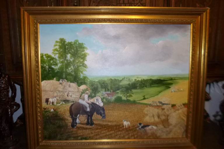 Vintage Large Oil Painting 'Wheat Harvesting' in Gold Frame 74 x 89 cm