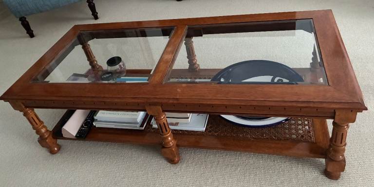 Brown Wooden Coffee Table with Glass Top & Storage