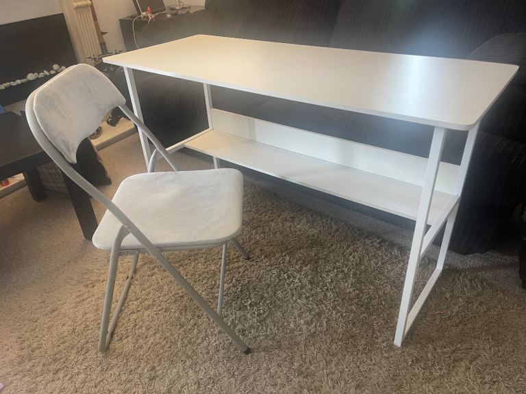120cm White Computer Desk with Shelf + Folding Chair