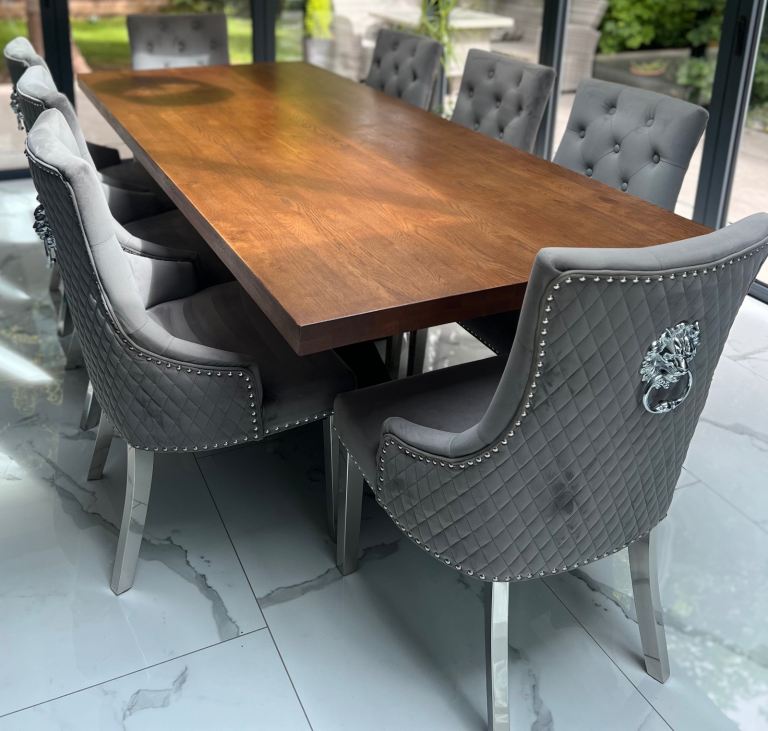 Large Wooden Dining Table with 8 Grey Velvet Chairs