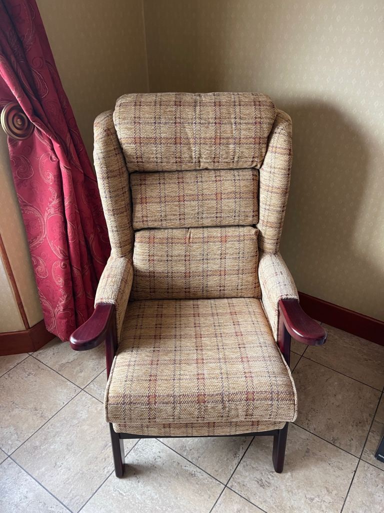 Norfolk Petite Fireside Chair – Unused Mahogany & Harmony Sunset Chenille – Excellent Condition