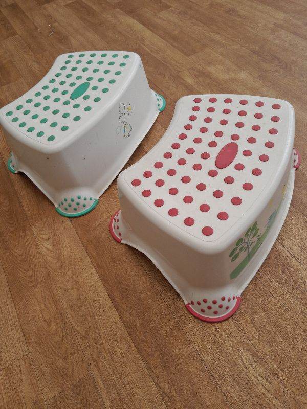 Kids Plastic Step Stools x 2 - Green and Pink, Good Condition