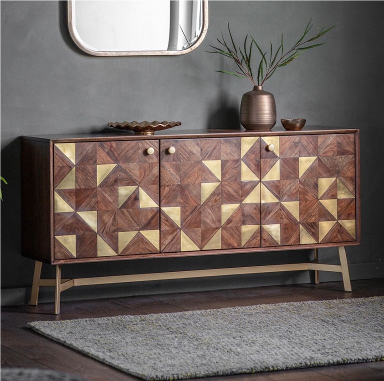 Acacia Wood & Brass Sideboard – 3 Door Storage 