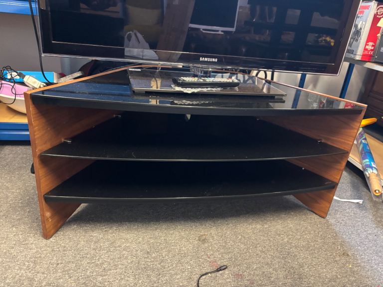Corner TV Unit with Glass Shelves – Brown Wood Finish, Good Condition