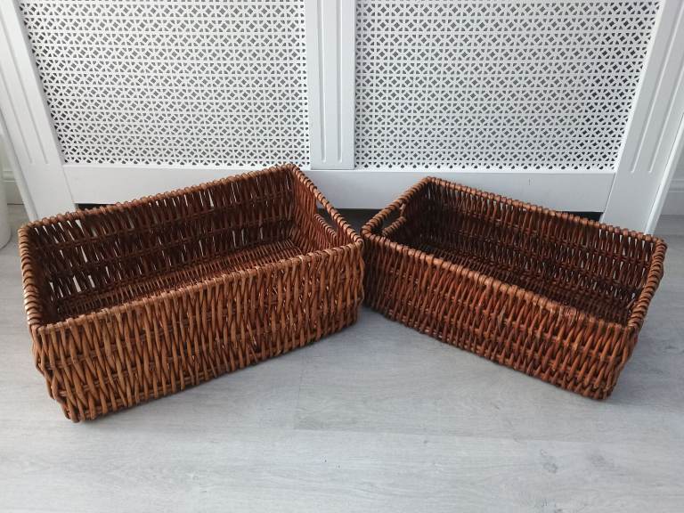 2 x Vintage Wicker Open Log Kindling Basket Rattan Wood Fire Hamper Christmas 