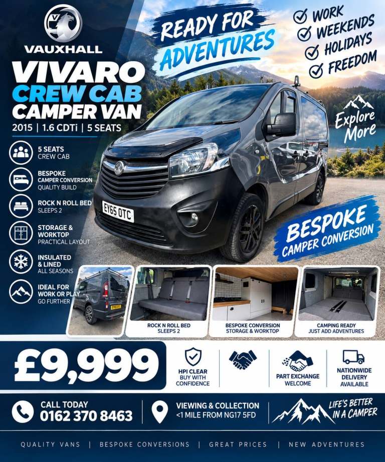 VAUXHALL VIVARO CREW CAB SEATS X5  CAMPER VAN READY TO GO  ON ADVENTURES £9999