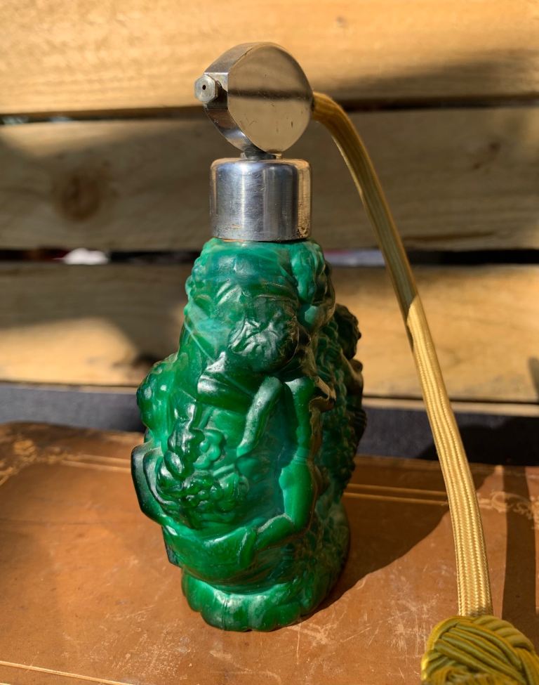 Rare Antique Art Deco Malachite Glass Putti Perfume Scent Bottle
