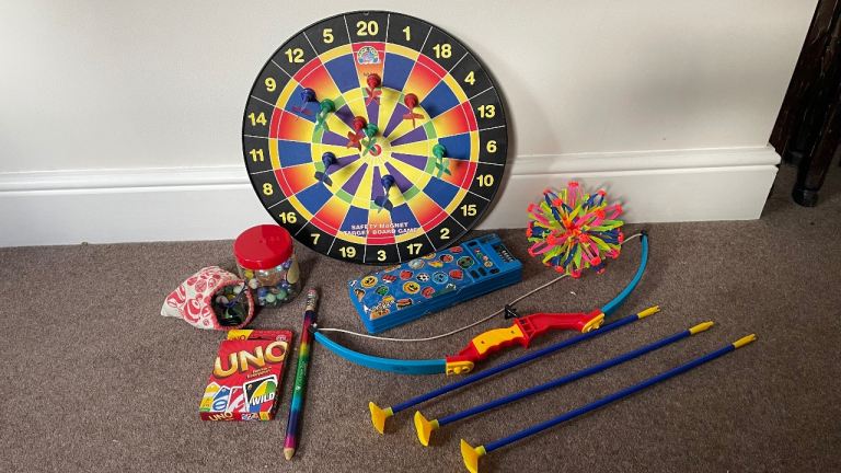Toy bundle, magnetic dart board, bow & arrow, large collection of marbles