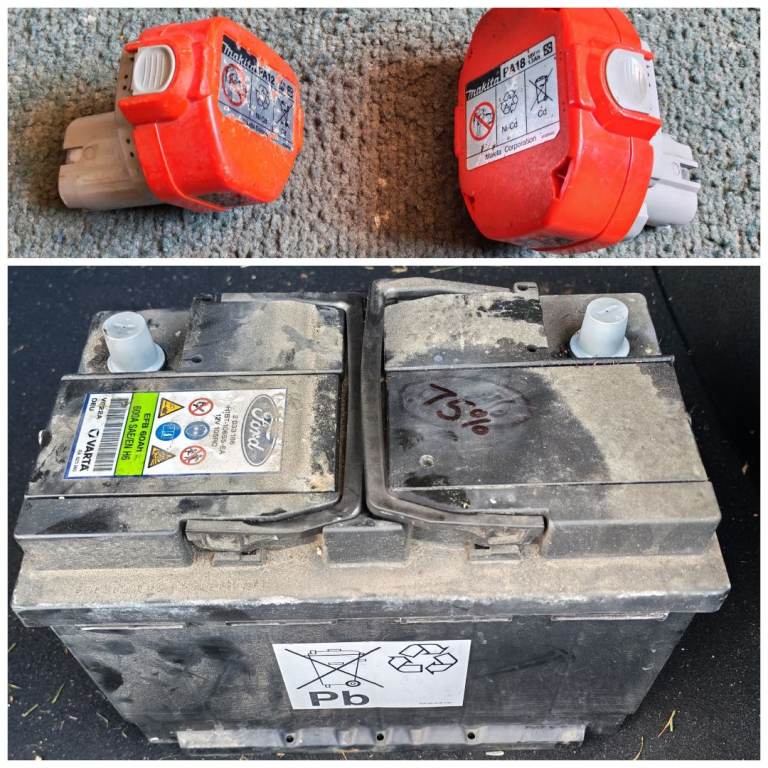 3 Flat Batteries (Ford car battery + 2 Makita drill batteries)