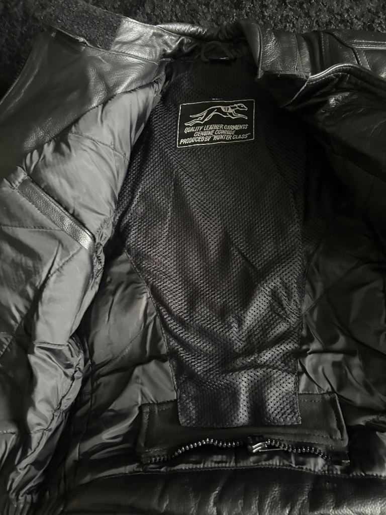 Women’s leather motorbike jacket and trousers 