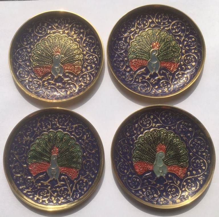 Unused - Set of 4 enamelled brass Peacock trinket trays. Eccles, Manchester