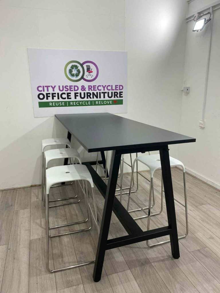  HAWK Poseur Table + 6 Connection Barstools – Black / White / Chrome