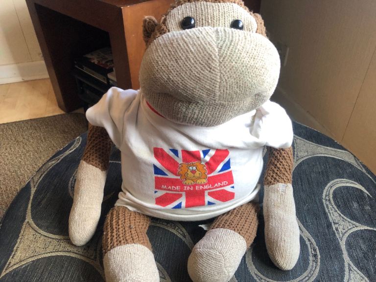 Sock Monkey Stuffed Animal with Union Jack T-Shirt – Good Condition