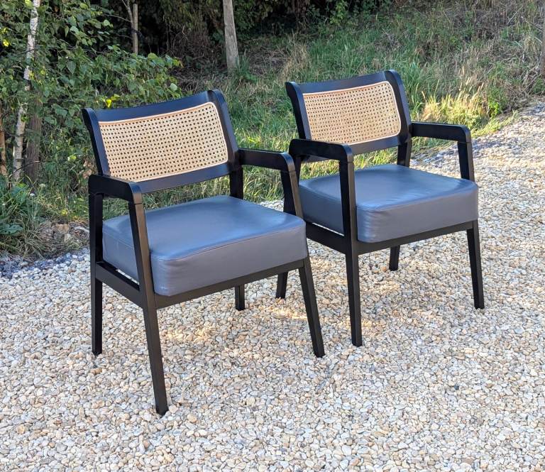 Pair Rattan Back Black Carver Dining Chairs - Occasional Armchairs Cafe Chairs