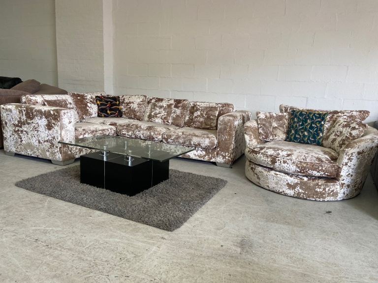 Cow print corner sofa and swivel chair 
