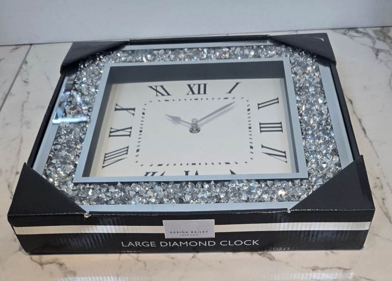 KARINA BAILEY Inspired 35cm Square Crushed Jewel Wall Silver Mirrored Diamante Clock