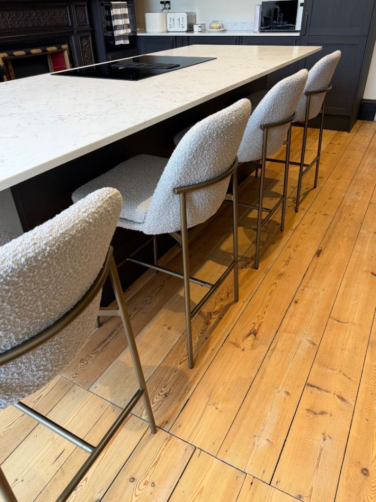 SOLD! Set of 4 Grey Bouclé Bar Stools – Excellent Condition