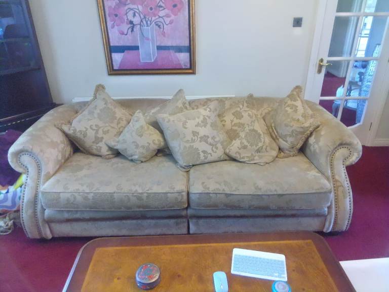 Comfortable Beige Fabric Sofa with Scatter Cushions – Good Condition