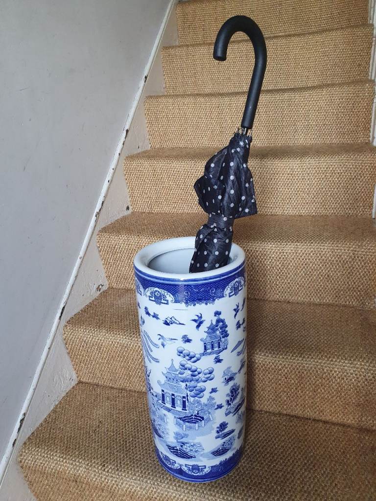 Large Blue and White Ceramic Vase / Umbrella Stand