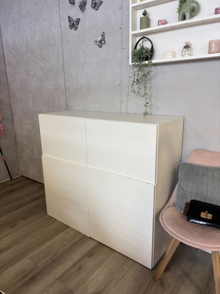 White Wooden Storage Cabinet with 4 Doors – Good Condition
