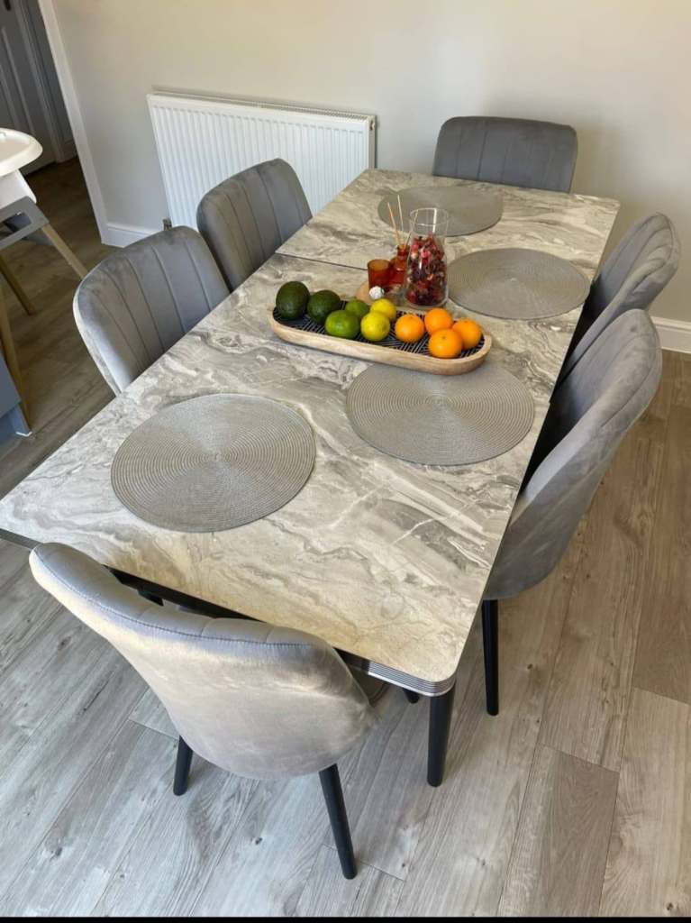 Brand New Modern Grey Extendable Dining Table with 6 velvet chairs - Brand New Condition 