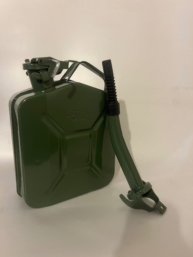 5-litre green steel jerry can with a matching pouring spout