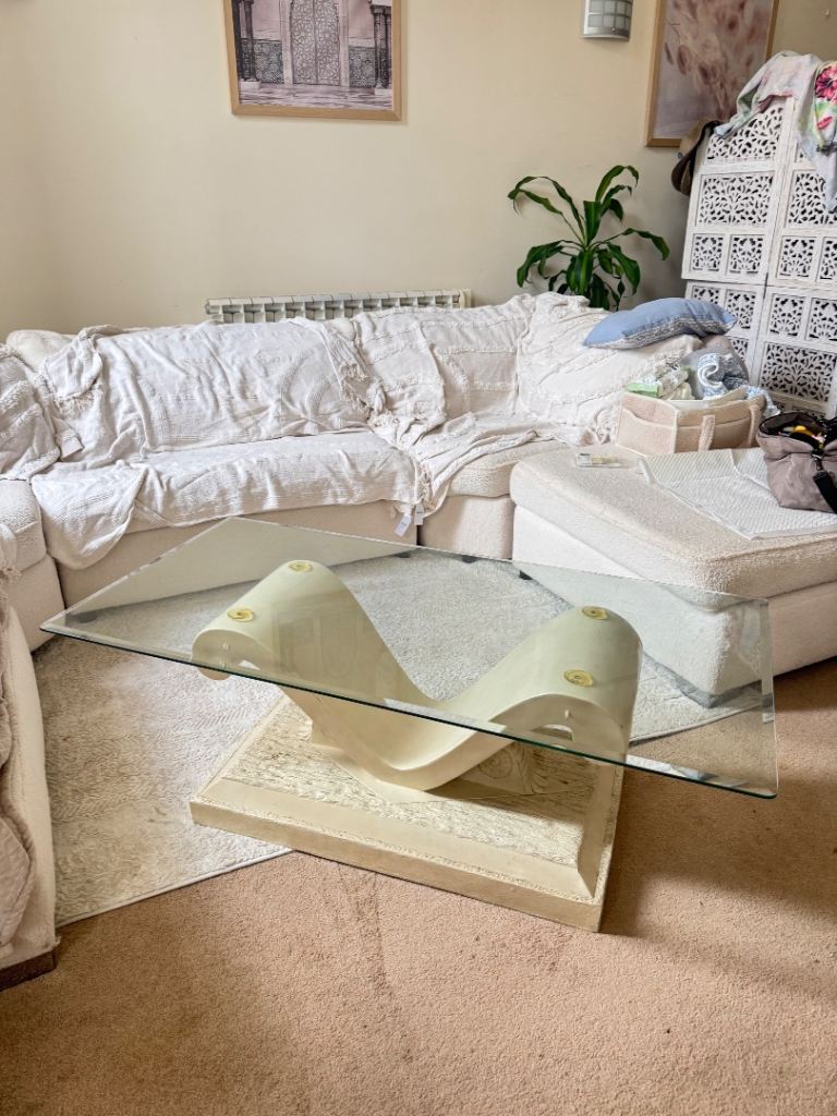 Glass Coffee Table with Beige Base – Good Condition