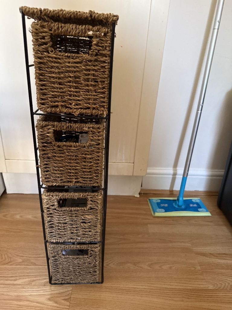 Tall Wicker Basket Storage Unit with Metal Frame – Good Condition