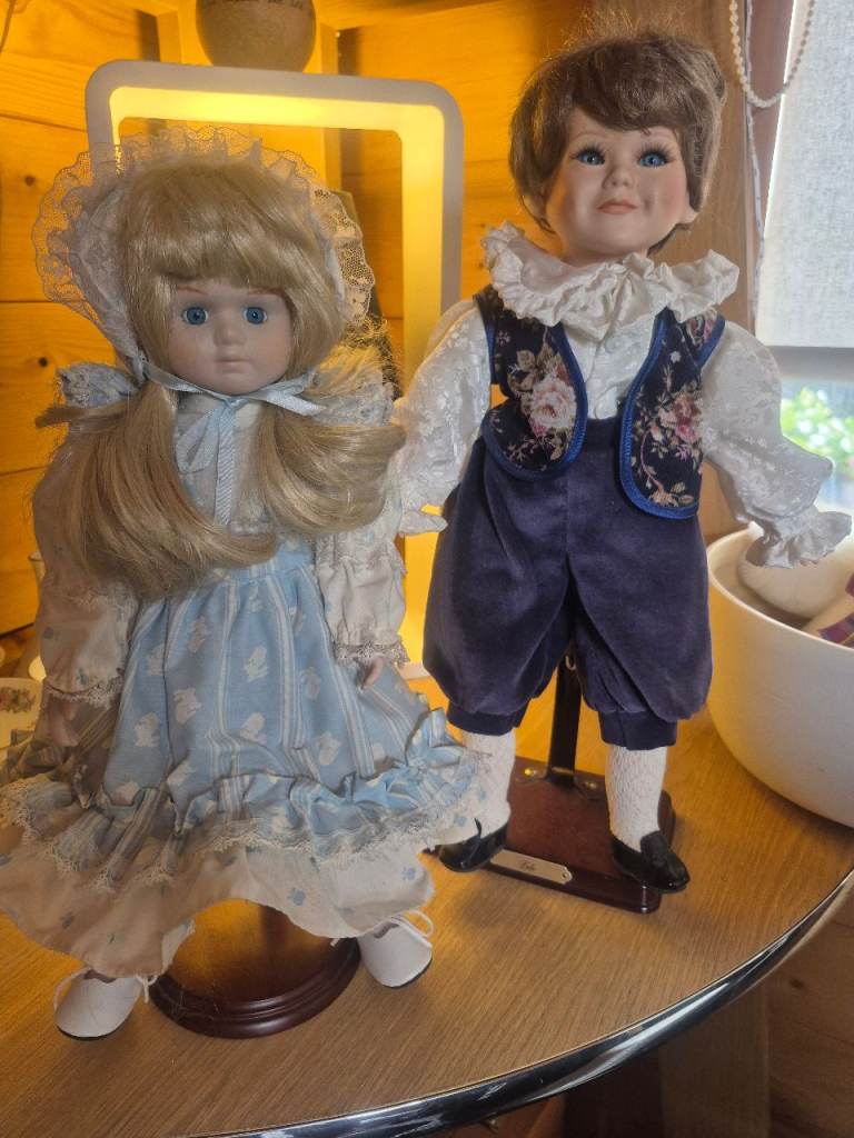 Pair of Vintage Porcelain Dolls with Stands – Good Condition
