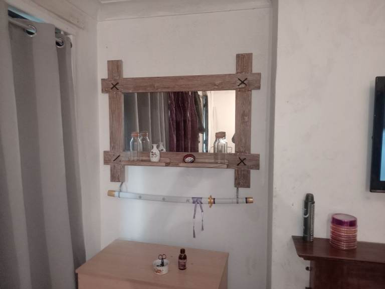 Rustic Wooden Framed Mirror with Small Shelf