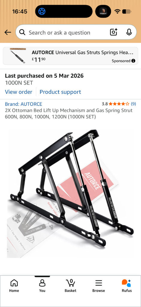 AUTORCE Ottoman Bed Lift Up Mechanism 1000N – New, Black Metal