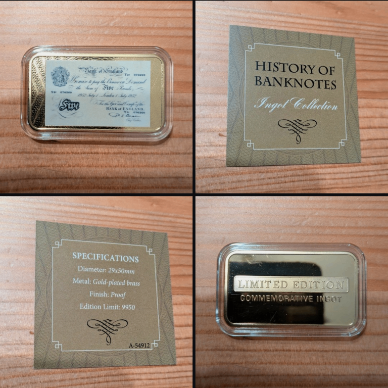 ♥ Gold-plated HISTORY OF BANKNOTES ingot coin medallion