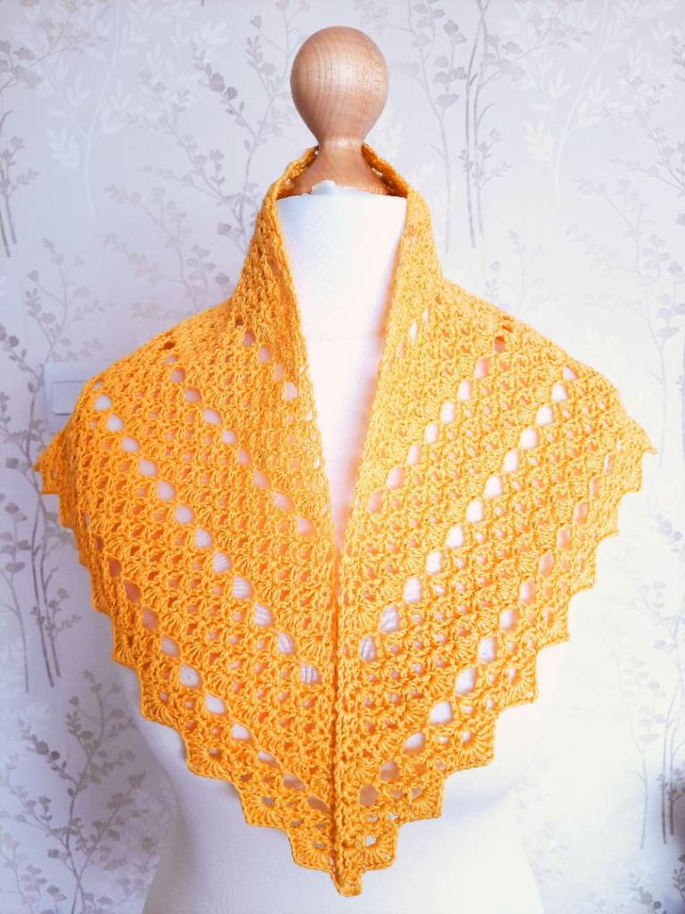 Lacy Handmade Shawl Made from 100% Cotton. Crochet Shoulder Wrap in Yellow. Knitted Shawlette