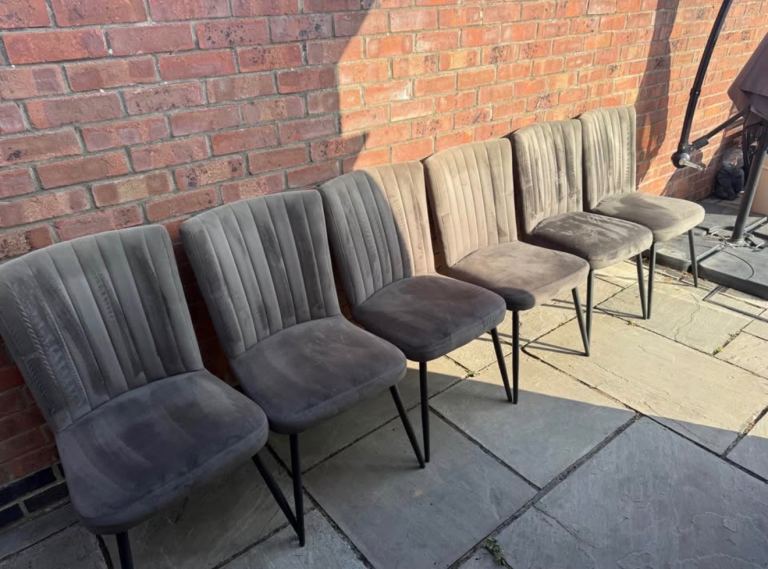 Set of 6 Grey Fabric Dining Chairs - Good Condition