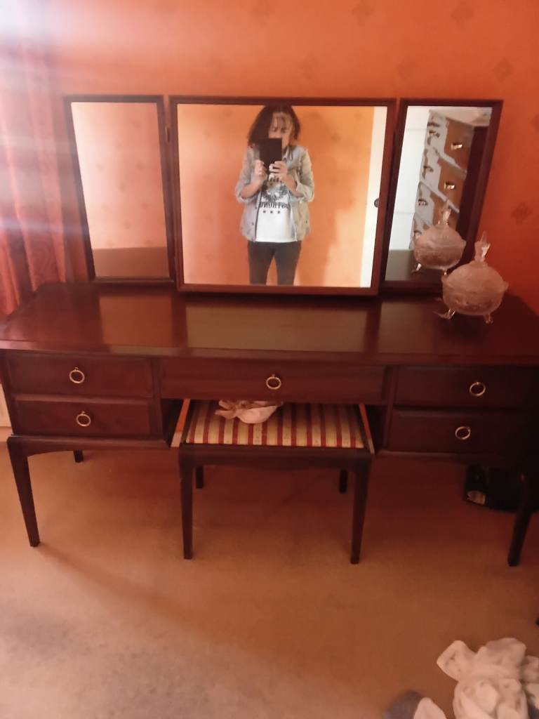 Wooden Dressing Table with Triple Mirror and Stool – Good Condition