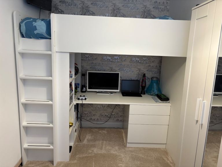 White High Sleeper Bed with Desk and Storage – Good Condition