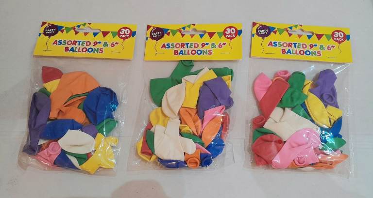 90x Assorted 6" and 9" Multicoloured Balloons - 3 Packs NEW UNOPENED