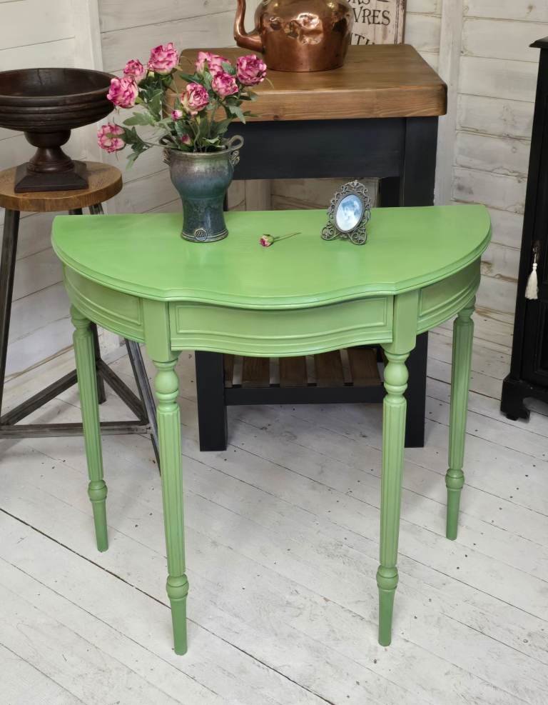 Vintage Half Moon Painted Console Table With Secret Drawer