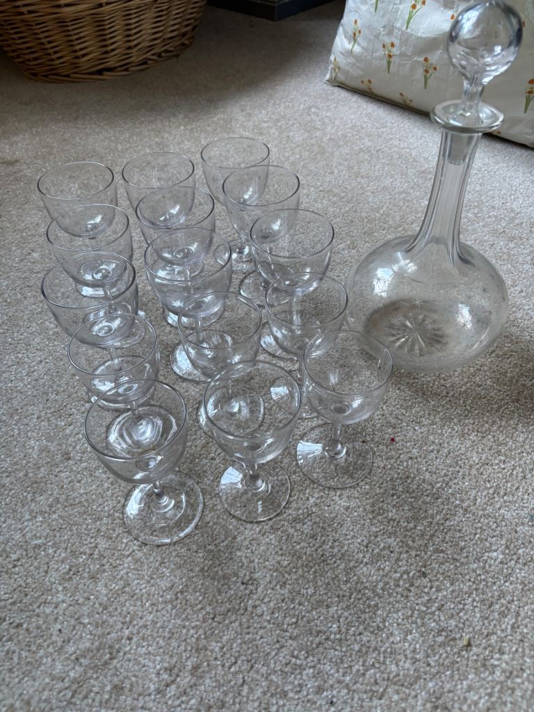 Antique vintage glasses and decanter