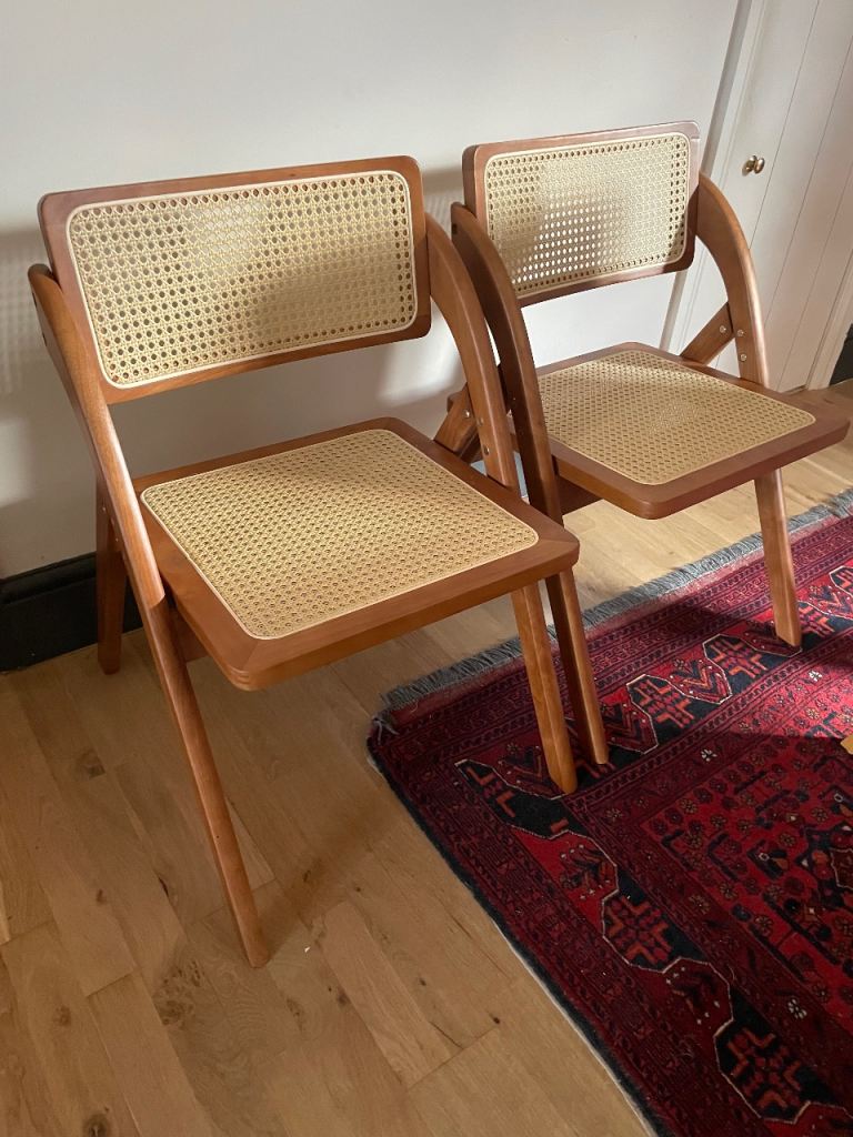 Pair of Wooden Cane Folding Chairs – Good Condition