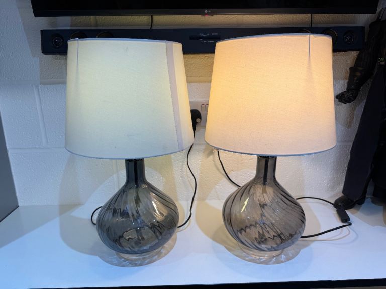 Pair of table bedside lamps, grey glass lights