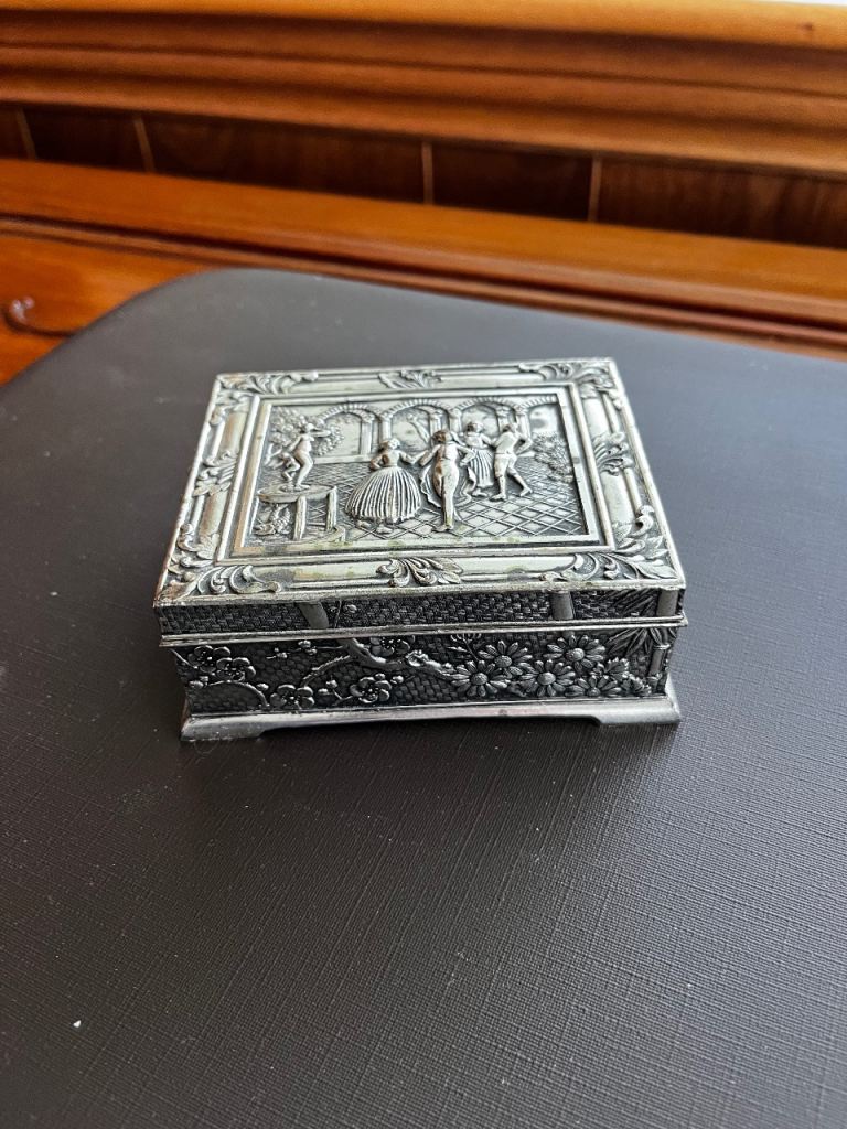Vintage Silver Metal Trinket Box with Red Velvet Lining