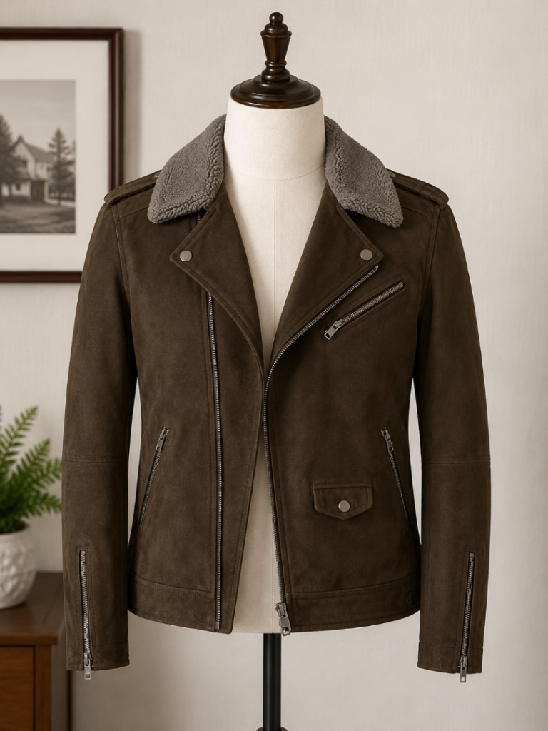 Men's Brown Suede Jacket with Grey Collar – Good Condition