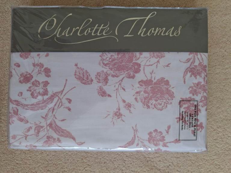 Pale pink and white, pencil pleat, lined curtains, brand new, unused 