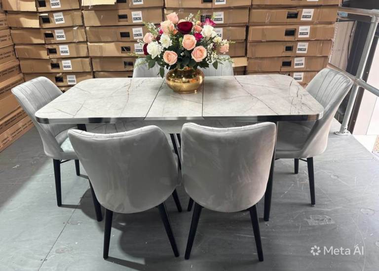 Modern Grey Marble-Effect Dining Table with 6 Chairs
